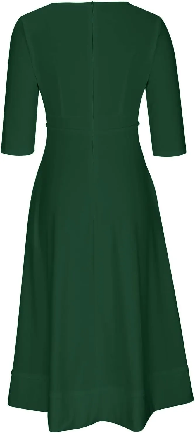NaRHbrg Women's V-Neck Half Sleeve Midi Dress High Waist A-Line Elegant Flowy Party Dresses for Wedding