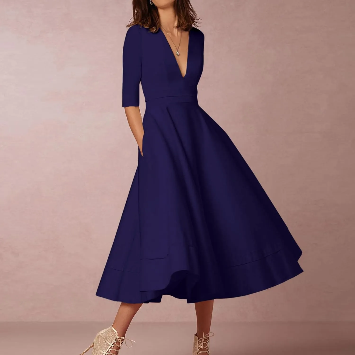 NaRHbrg Women's V-Neck Half Sleeve Midi Dress High Waist A-Line Elegant Flowy Party Dresses for Wedding