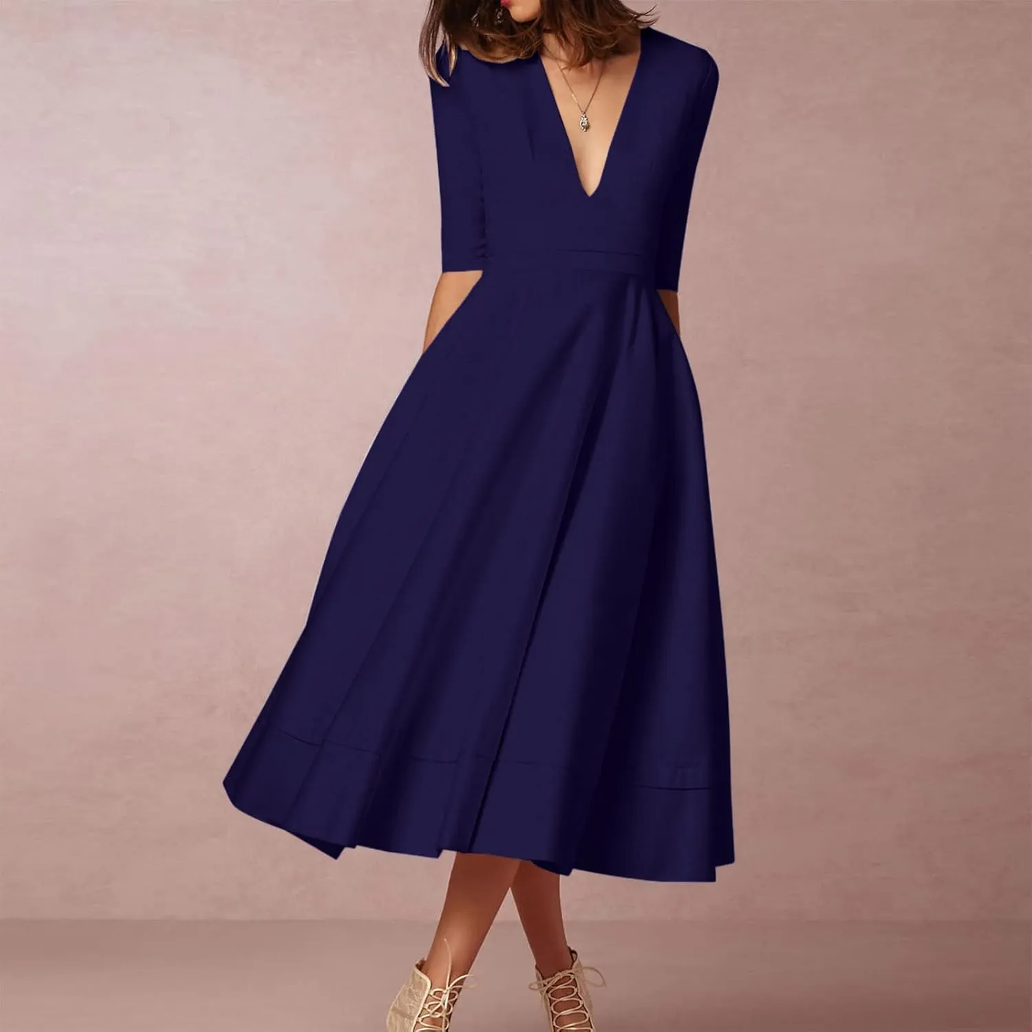 NaRHbrg Women's V-Neck Half Sleeve Midi Dress High Waist A-Line Elegant Flowy Party Dresses for Wedding