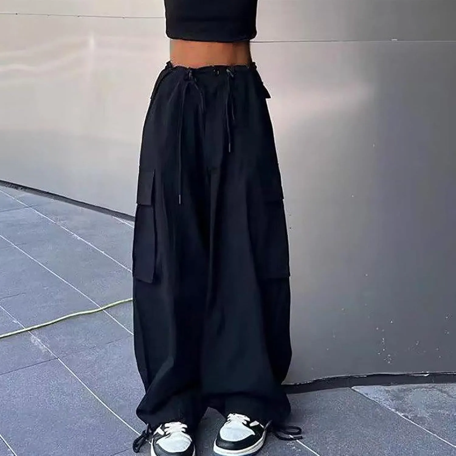 NATHGAM Parachute Pants for Women High Waist Buckle Baggy Cargo Pants Multiple Pockets Drawstring Y2K Streetwear Trousers