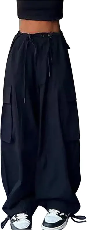 NATHGAM Parachute Pants for Women High Waist Buckle Baggy Cargo Pants Multiple Pockets Drawstring Y2K Streetwear Trousers
