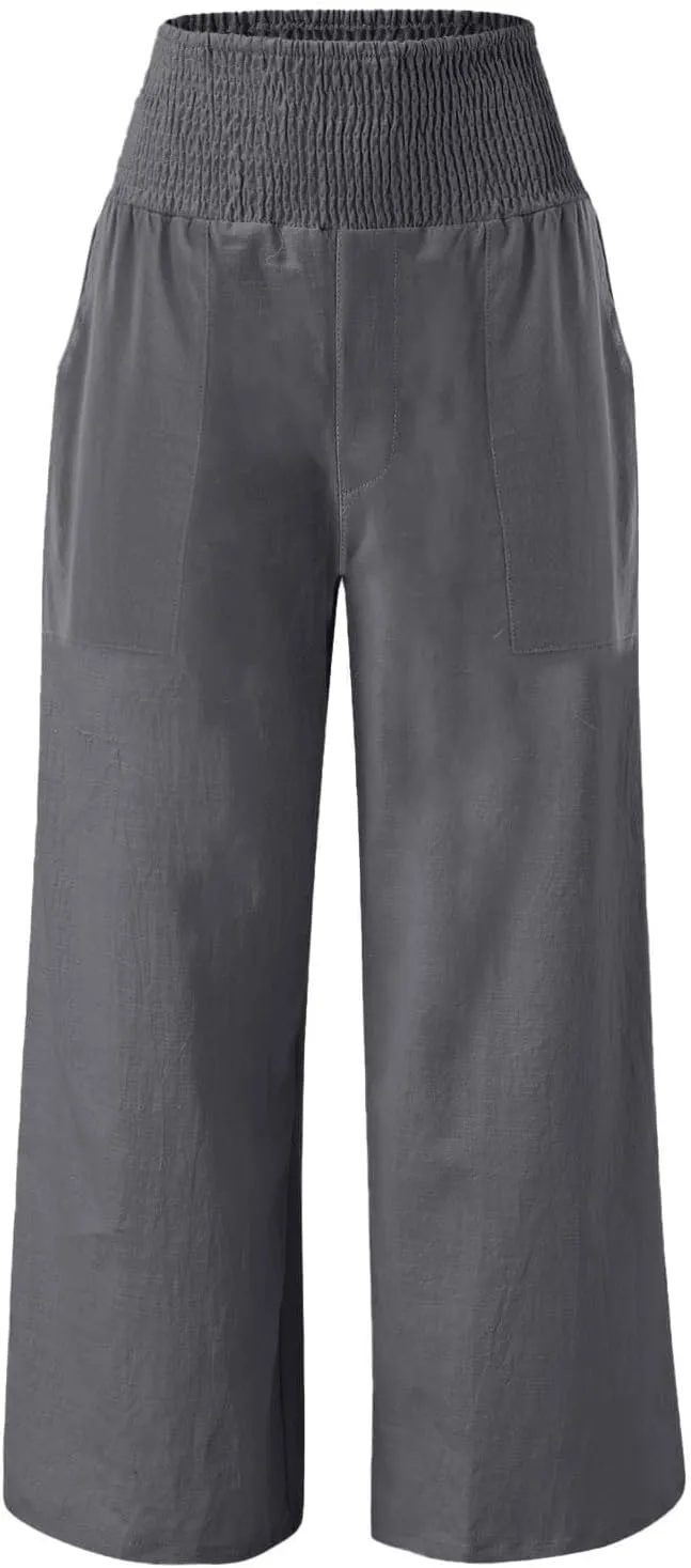 NBXNZWF Women Cotton Linen Pants Tummy Control Smocked High Waisted Wide Leg Casual Trousers Summer Lounge Pants with Pocket