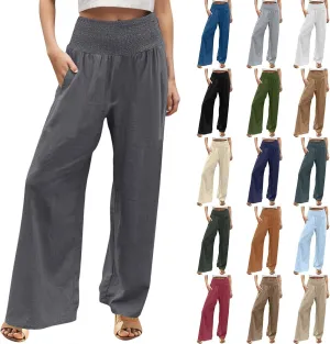 NBXNZWF Women Cotton Linen Pants Tummy Control Smocked High Waisted Wide Leg Casual Trousers Summer Lounge Pants with Pocket