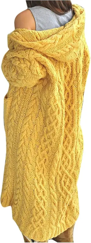 nerohusy Women's Long Cardigan Coats Cable Knit Sweaters Casual Open Front Long Sleeve Outerwear Loose Sweater with Pockets