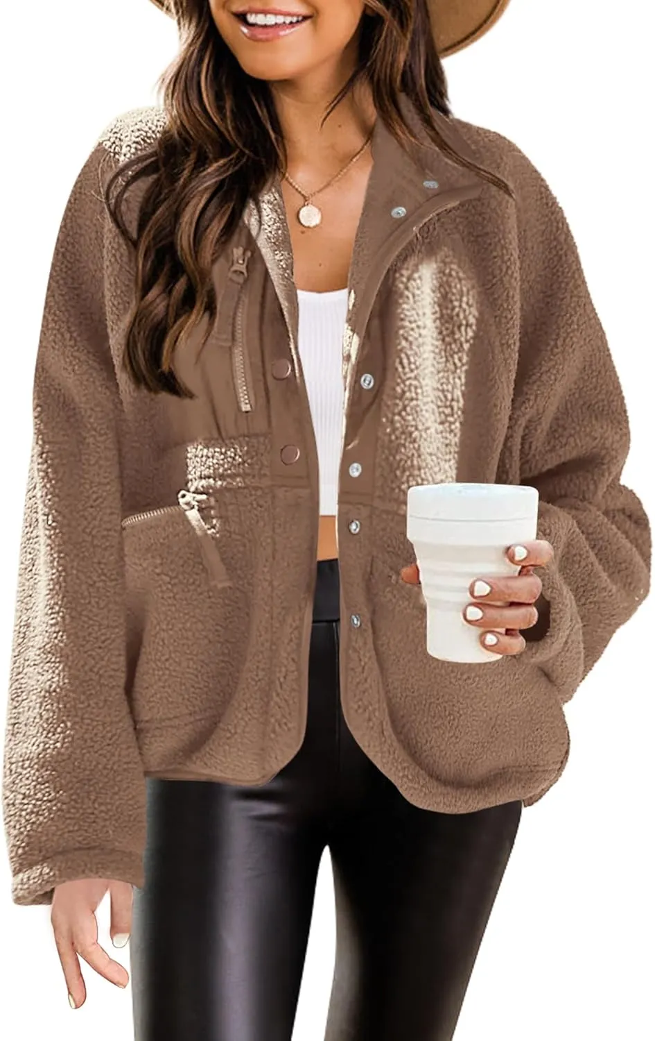 Nirovien Womens Fuzzy Fleece Jacket Button Down Sherpa Coats Casual Winter Warm Outwear with Pockets