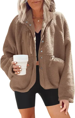 Nirovien Womens Fuzzy Fleece Jacket Button Down Sherpa Coats Casual Winter Warm Outwear with Pockets