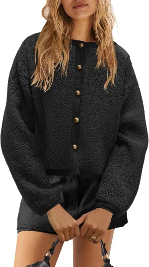 Nirovien Womens Oversized Sherpa Jacket Button Down Fleece Coat Casual Loose Fuzzy Outwear with Pockets