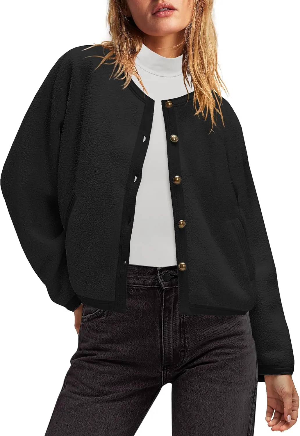 Nirovien Womens Oversized Sherpa Jacket Button Down Fleece Coat Casual Loose Fuzzy Outwear with Pockets