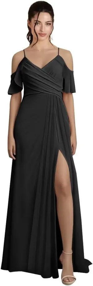 Off Shoulder Chiffon Bridesmaid Dresses for Wedding V Neck Ruffles Pleated Formal Evening Gowns with Slit