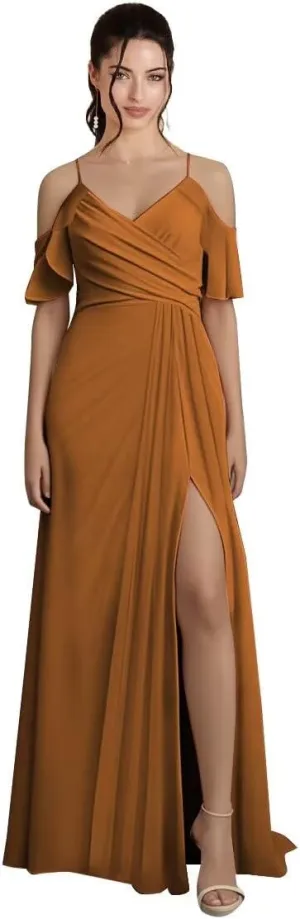 Off Shoulder Chiffon Bridesmaid Dresses for Wedding V Neck Ruffles Pleated Formal Evening Gowns with Slit