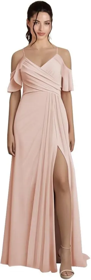 Off Shoulder Chiffon Bridesmaid Dresses for Wedding V Neck Ruffles Pleated Formal Evening Gowns with Slit