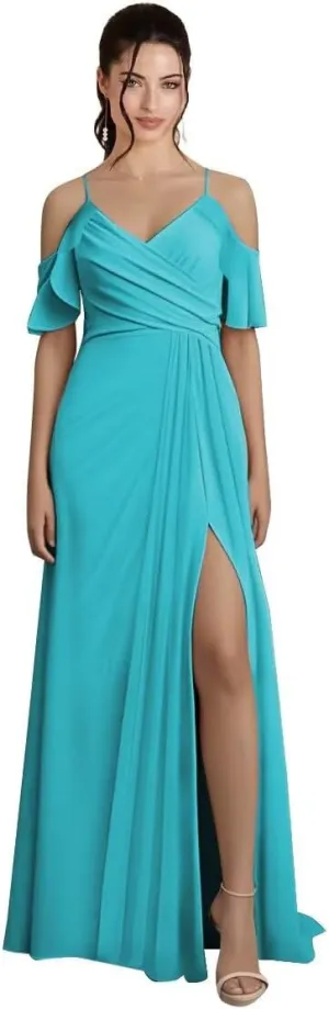 Off Shoulder Chiffon Bridesmaid Dresses for Wedding V Neck Ruffles Pleated Formal Evening Gowns with Slit