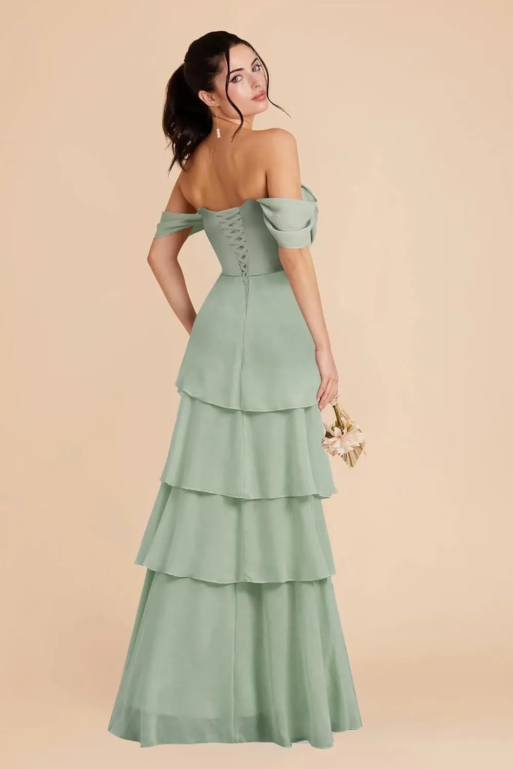 Off Shoulder Chiffon Bridesmaid Dresses Long for Women Tiered Ruffles A Line Formal Evening Dress