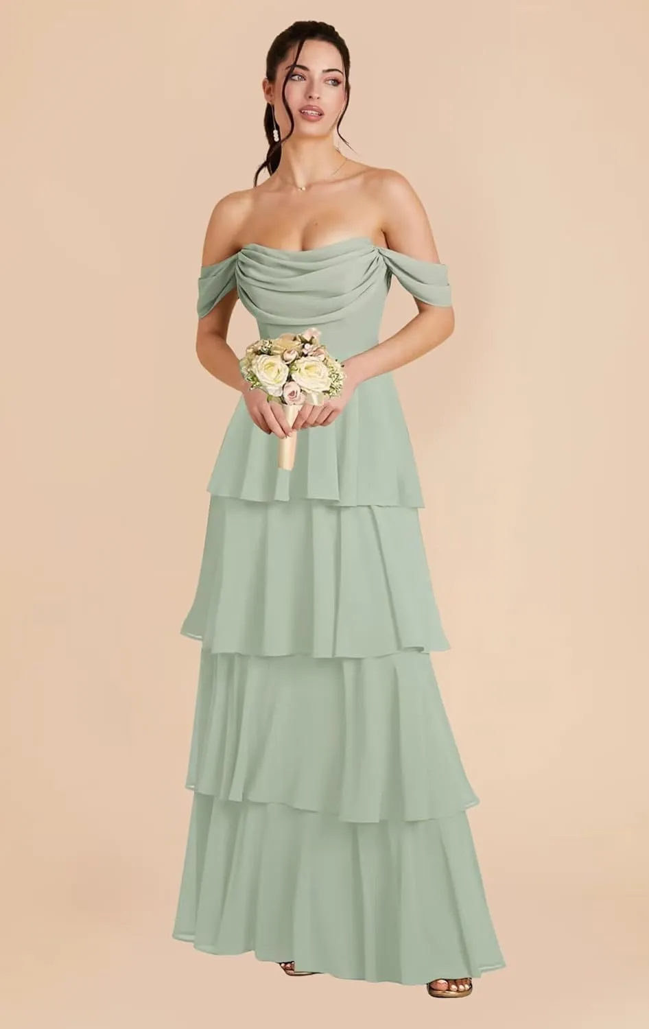 Off Shoulder Chiffon Bridesmaid Dresses Long for Women Tiered Ruffles A Line Formal Evening Dress
