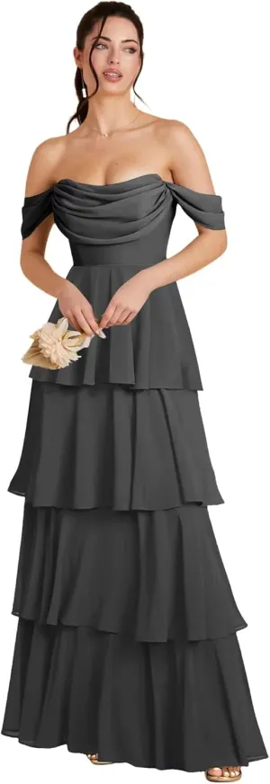Off Shoulder Chiffon Bridesmaid Dresses Long for Women Tiered Ruffles A Line Formal Evening Dress