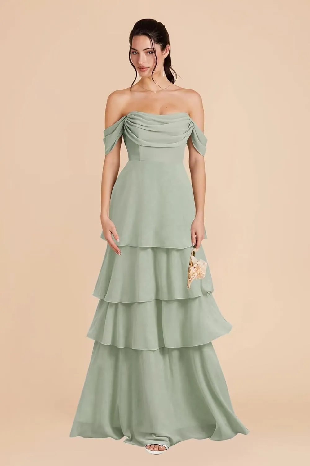 Off Shoulder Chiffon Bridesmaid Dresses Long for Women Tiered Ruffles A Line Formal Evening Dress