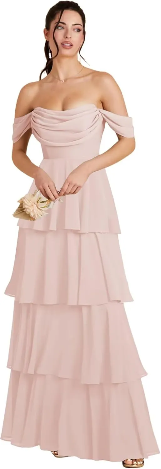 Off Shoulder Chiffon Bridesmaid Dresses Long for Women Tiered Ruffles A Line Formal Evening Dress