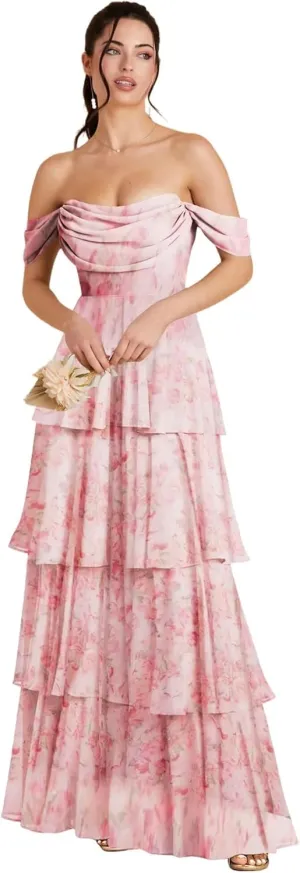 Off Shoulder Chiffon Bridesmaid Dresses Long for Women Tiered Ruffles A Line Formal Evening Dress