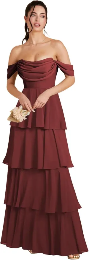 Off Shoulder Chiffon Bridesmaid Dresses Long for Women Tiered Ruffles A Line Formal Evening Dress