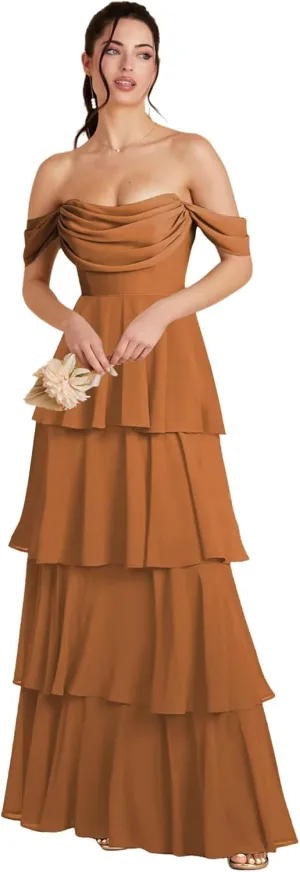 Off Shoulder Chiffon Bridesmaid Dresses Long for Women Tiered Ruffles A Line Formal Evening Dress