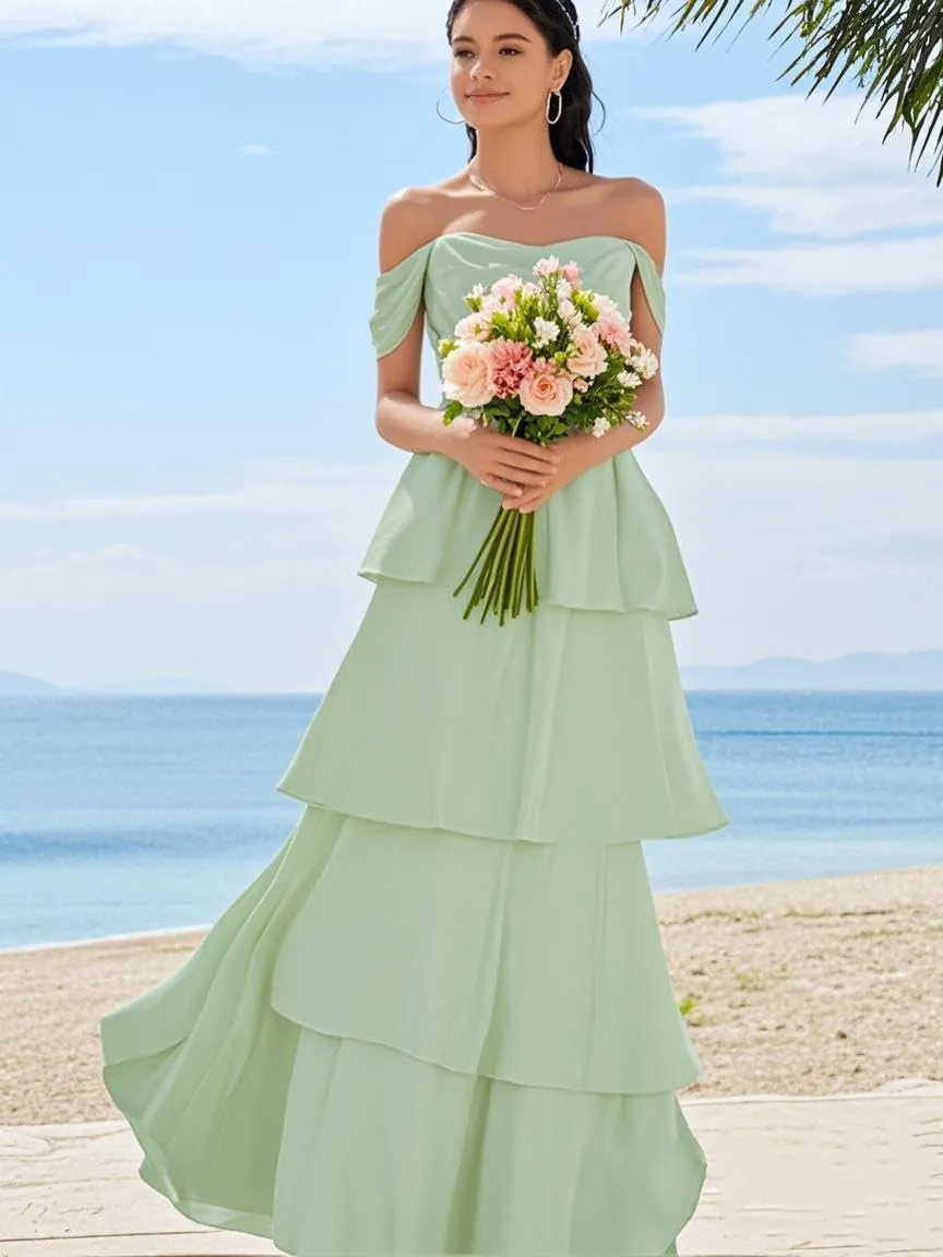 Off Shoulder Chiffon Bridesmaid Dresses Long for Women Tiered Ruffles A Line Formal Evening Dress