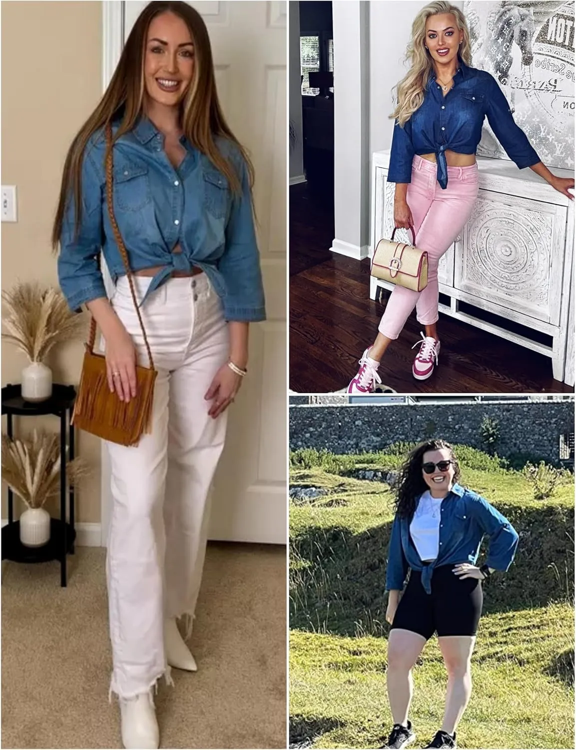 Omoone Women's 3/4 Sleeve Denim Crop Top Tie Knot Shirt Cardigan