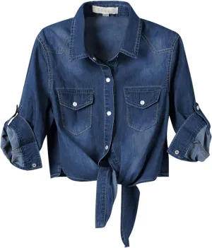 Omoone Women's 3/4 Sleeve Denim Crop Top Tie Knot Shirt Cardigan