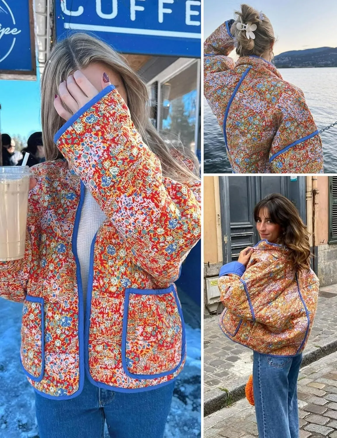 Omoone Women's Cropped Quilted Jacket Floral Printed LightWeight Padded Puffer Cardigan Coat Outwear