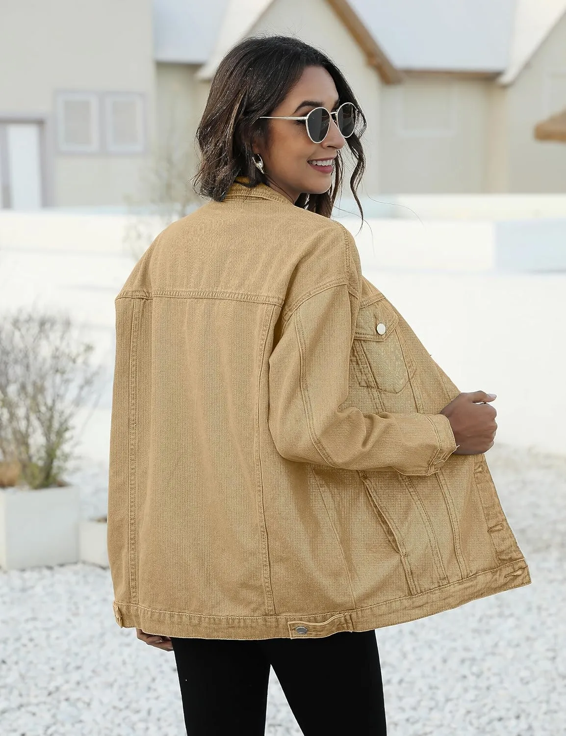 Omoone Women's Oversized Mid Long Denim Jacket Jean Biker Coat