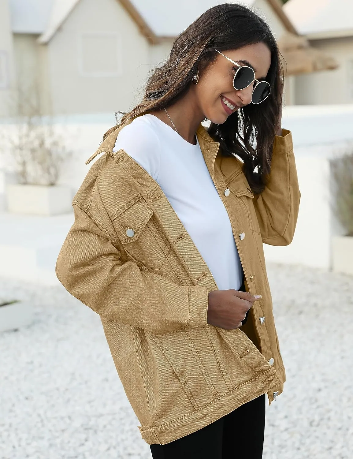 Omoone Women's Oversized Mid Long Denim Jacket Jean Biker Coat