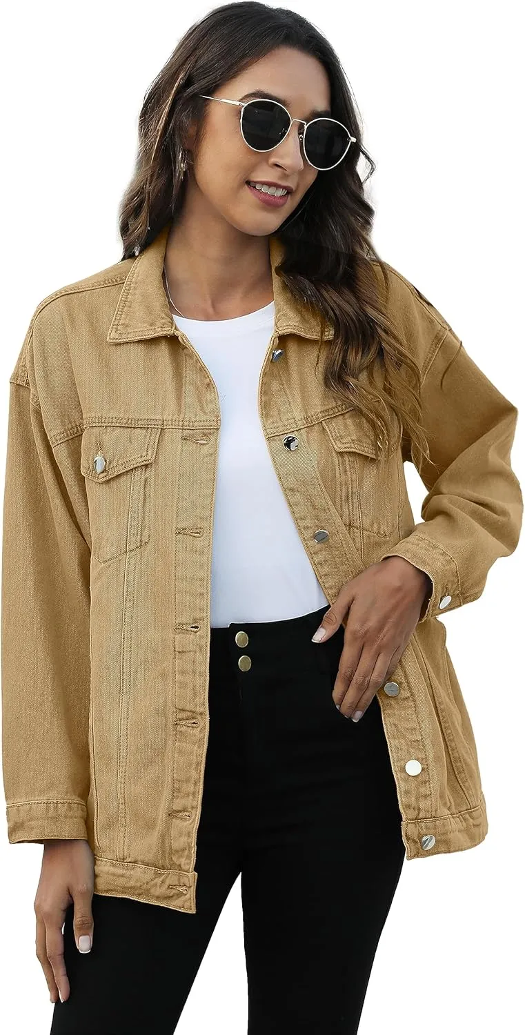 Omoone Women's Oversized Mid Long Denim Jacket Jean Biker Coat
