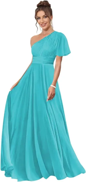 One Shoulder Bridesmaid Dresses for Women Long Short Sleeve Pleated Chiffon Formal Evening Gowns