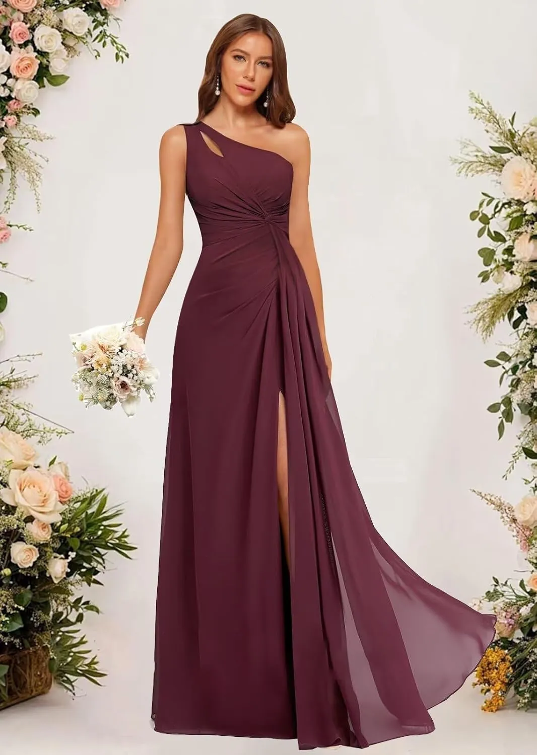 One Shoulder Pleated Bridesmaid Dresses Long with Slit Chiffon A Line Formal Evening Dress for Women