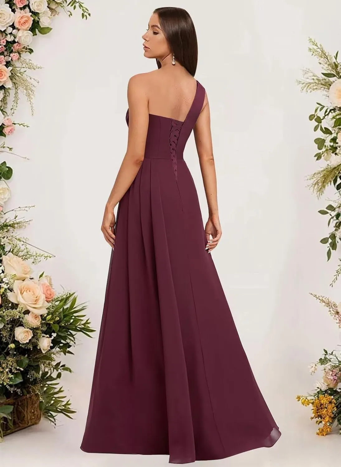 One Shoulder Pleated Bridesmaid Dresses Long with Slit Chiffon A Line Formal Evening Dress for Women
