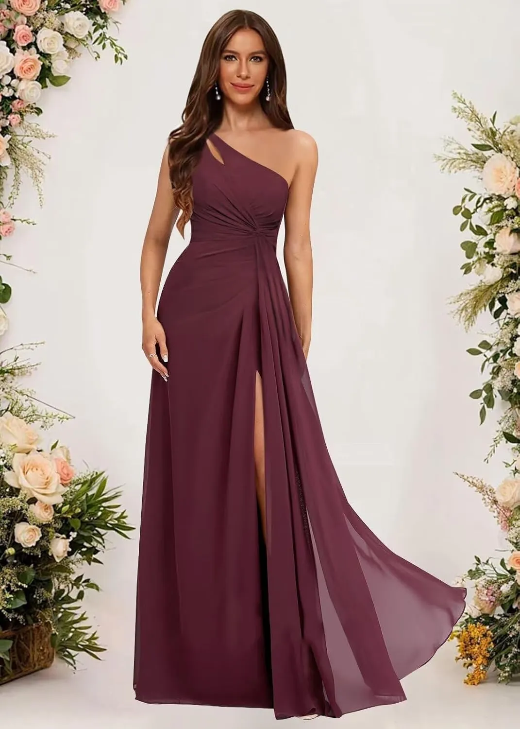 One Shoulder Pleated Bridesmaid Dresses Long with Slit Chiffon A Line Formal Evening Dress for Women