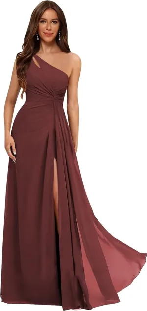 One Shoulder Pleated Bridesmaid Dresses Long with Slit Chiffon A Line Formal Evening Dress for Women