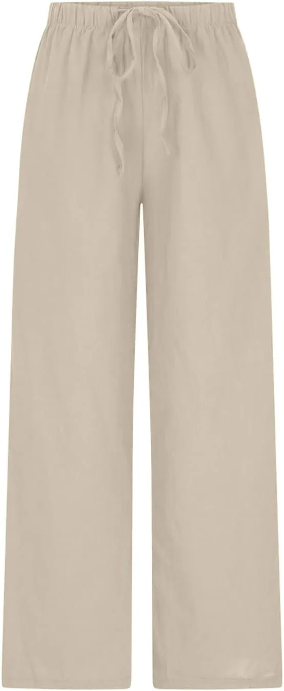 Oplxuo Women's Cotton Linen Palazzo Pants Summer Flowy Wide Leg Beach Trousers Drawstring Stretchy Lounge Pants with Pockets
