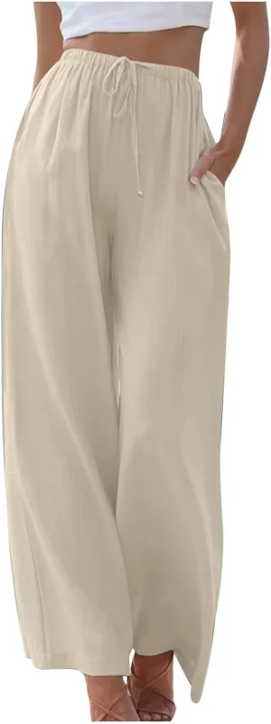 Oplxuo Women's Cotton Linen Palazzo Pants Summer Flowy Wide Leg Beach Trousers Drawstring Stretchy Lounge Pants with Pockets