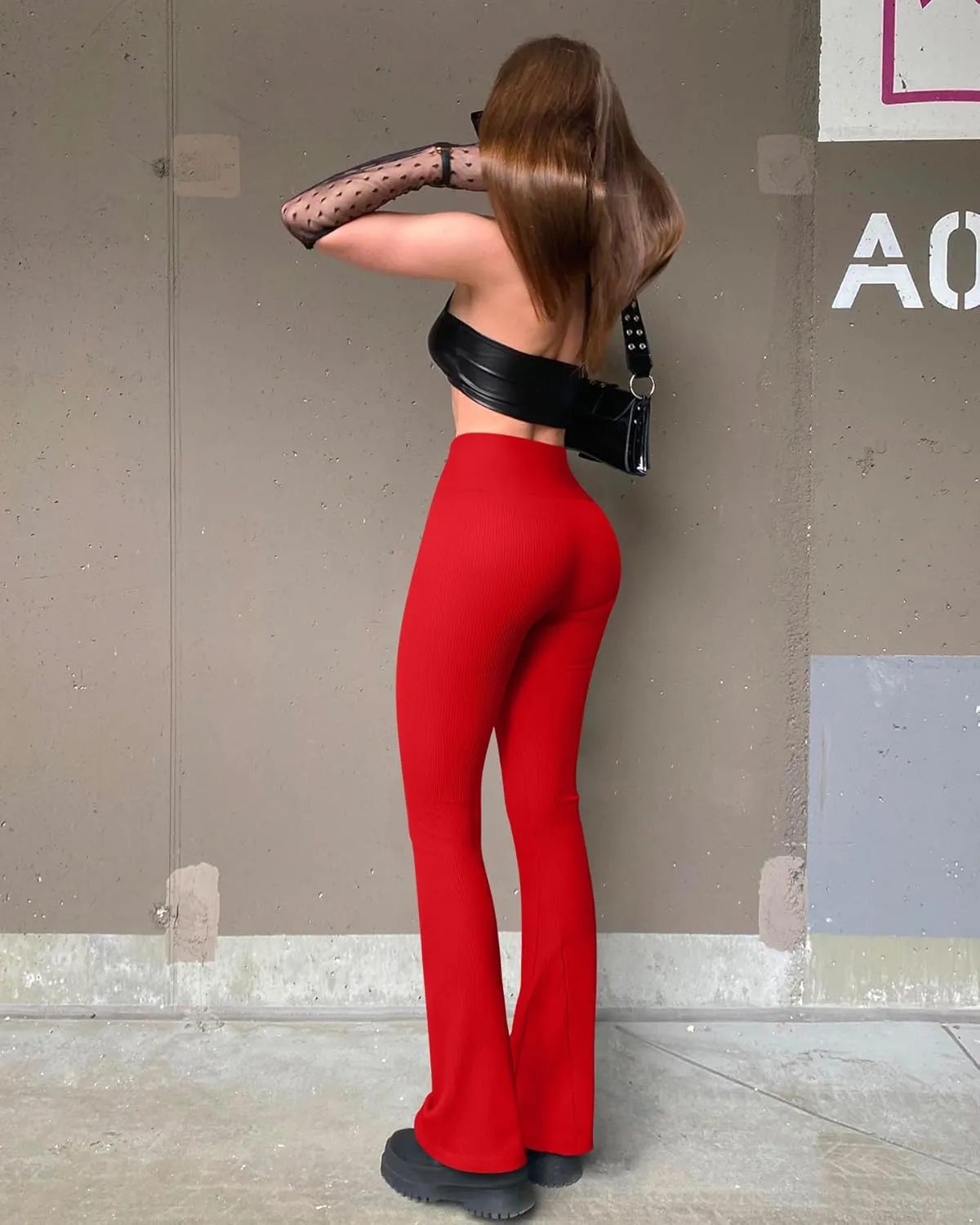OQQ Women's Flare Pants Ribbed Seamless Workout High Waist Bell Bottoms Pants
