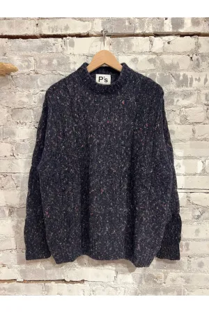 Over P's Cable Knit Donegal Sweater - Blue/Navy