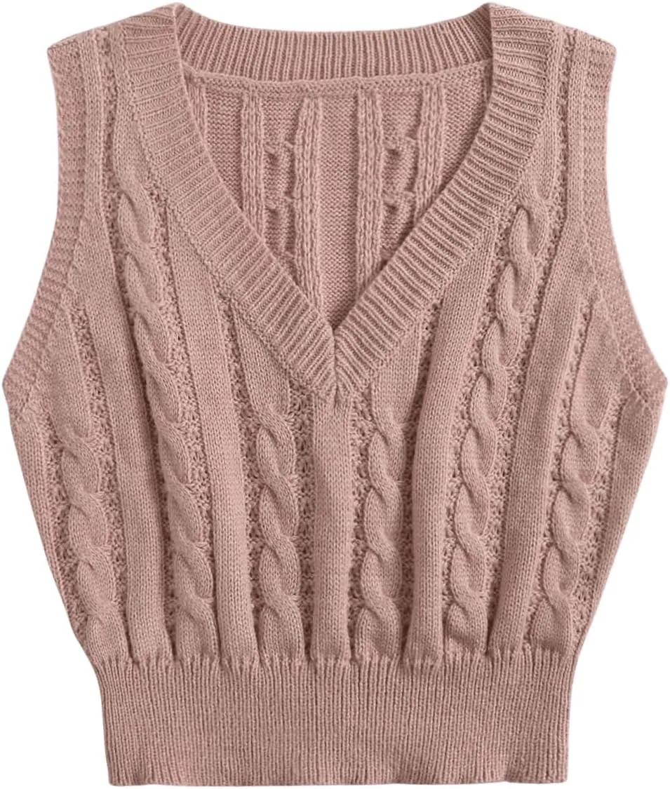 OYOANGLE Women's Cable Knit V Neck Sweater Vest Sleeveless Ribbed Crop Top
