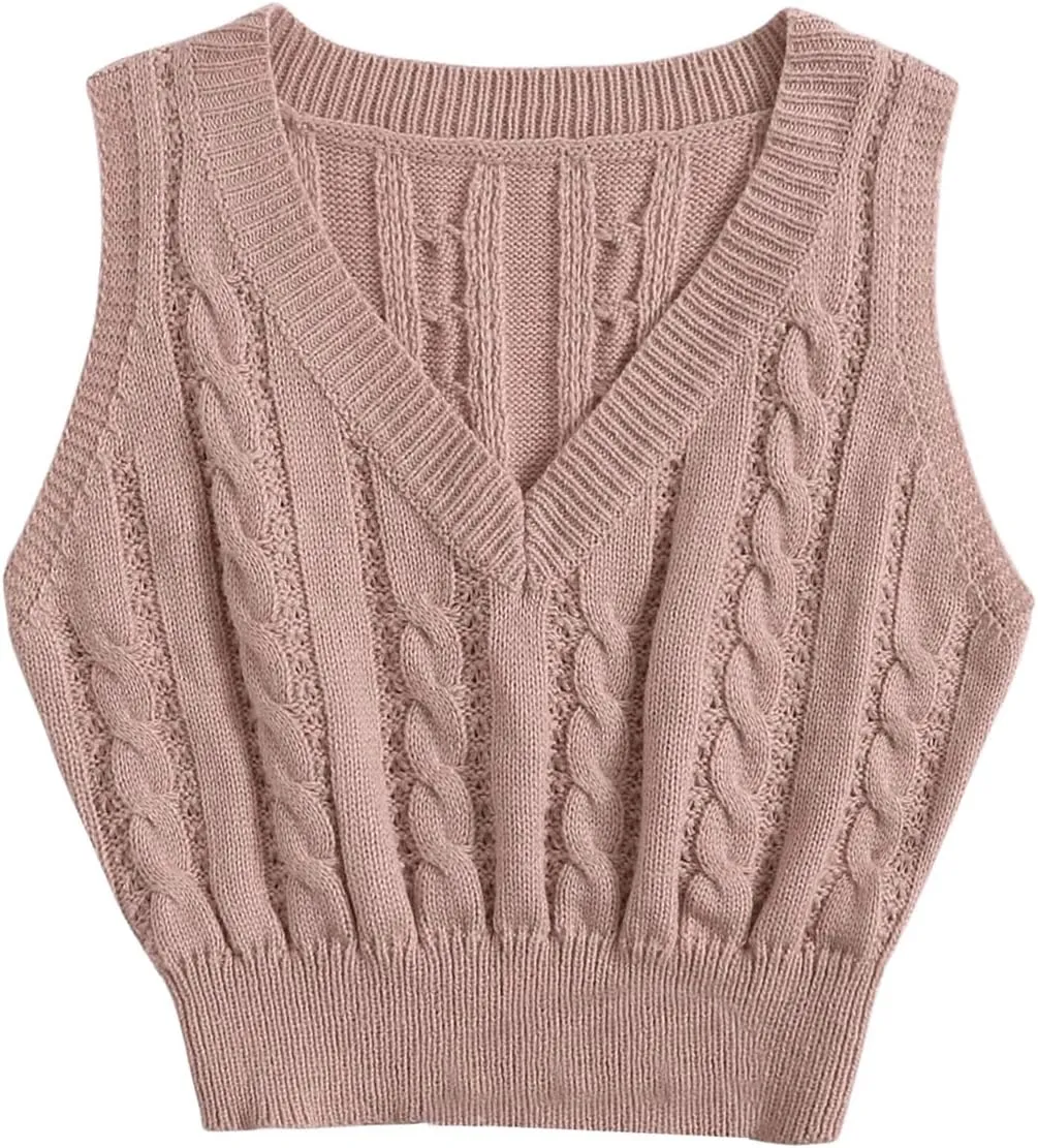 OYOANGLE Women's Cable Knit V Neck Sweater Vest Sleeveless Ribbed Crop Top