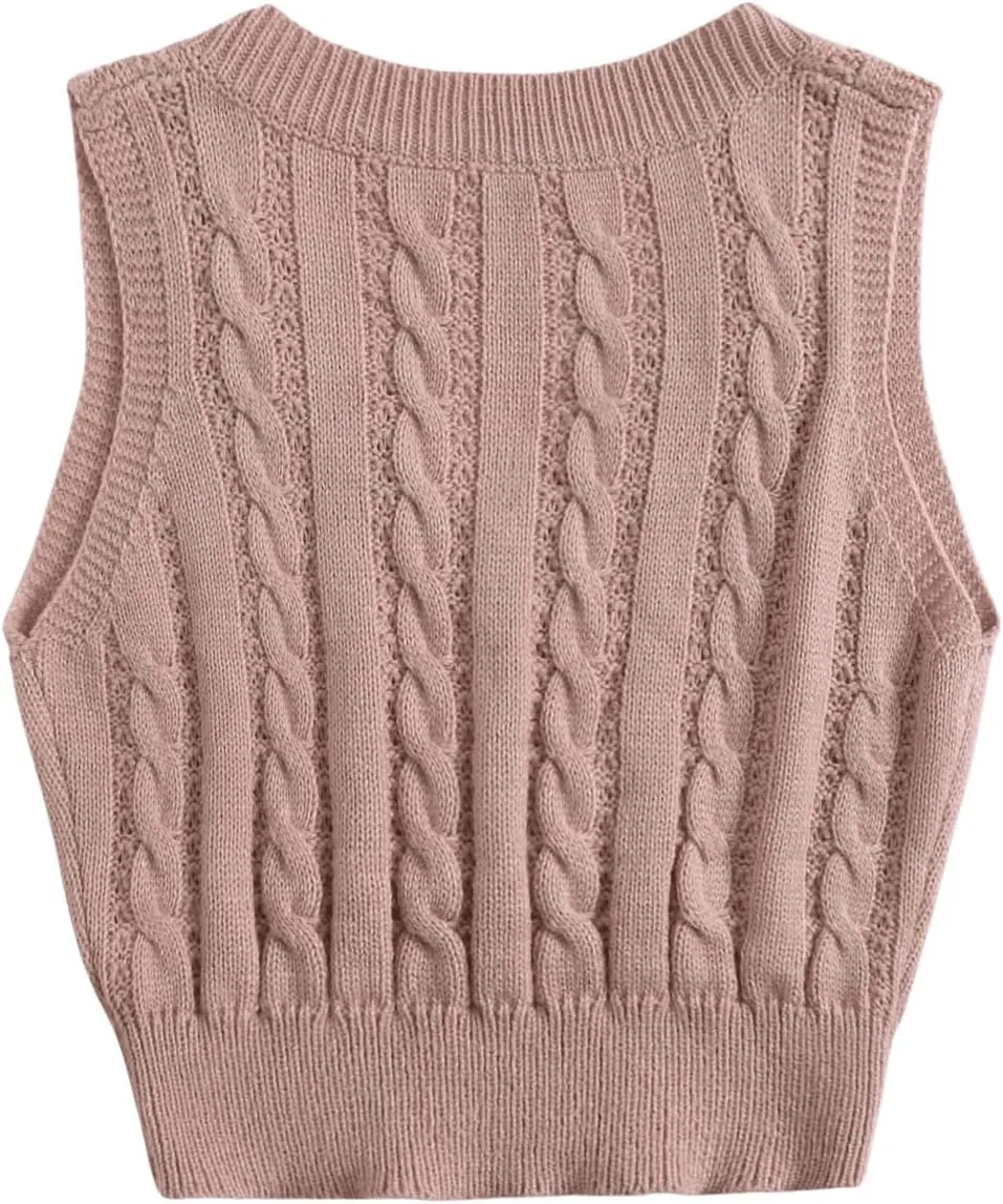 OYOANGLE Women's Cable Knit V Neck Sweater Vest Sleeveless Ribbed Crop Top