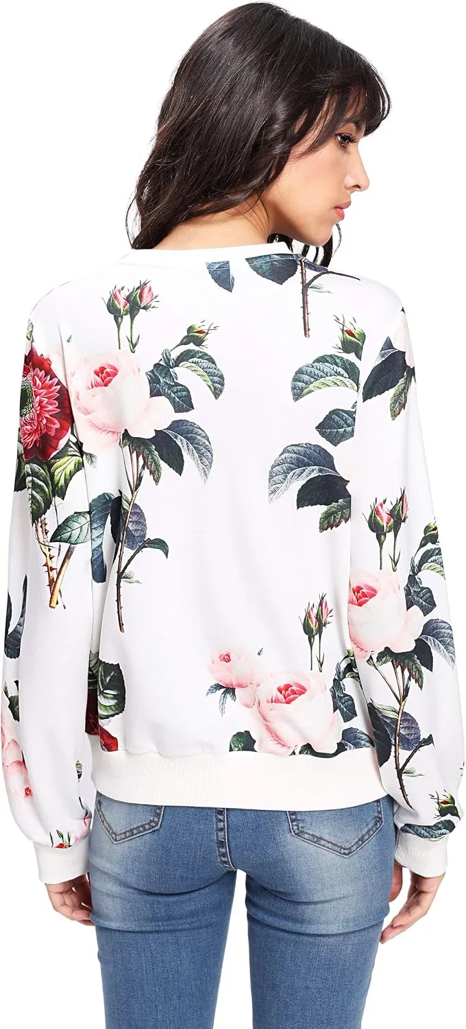 OYOANGLE Women's Casual Flower Print Long Sleeve Round Neck Pullover Sweatshirt Top