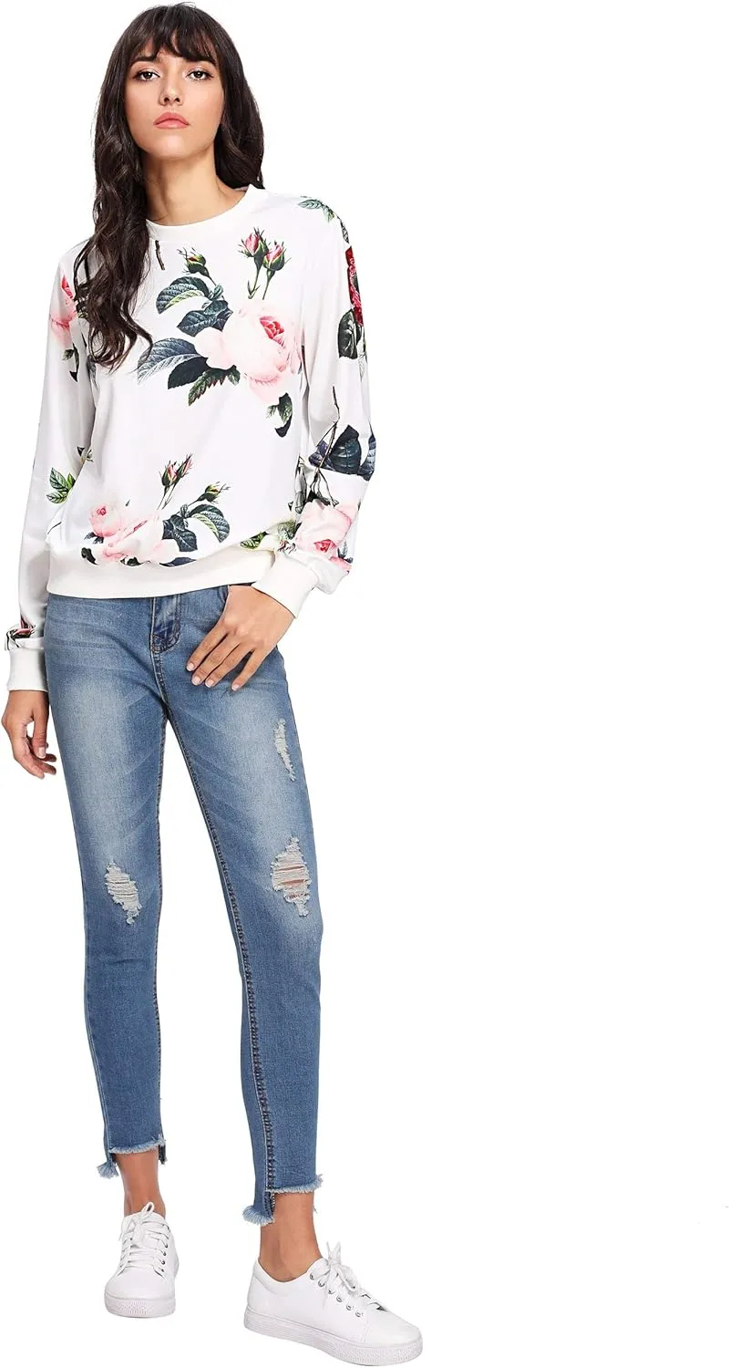 OYOANGLE Women's Casual Flower Print Long Sleeve Round Neck Pullover Sweatshirt Top