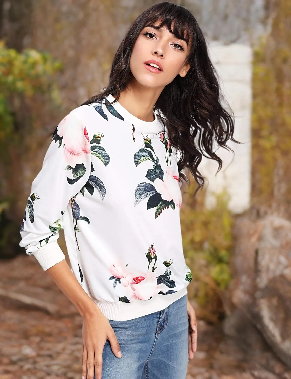 OYOANGLE Women's Casual Flower Print Long Sleeve Round Neck Pullover Sweatshirt Top