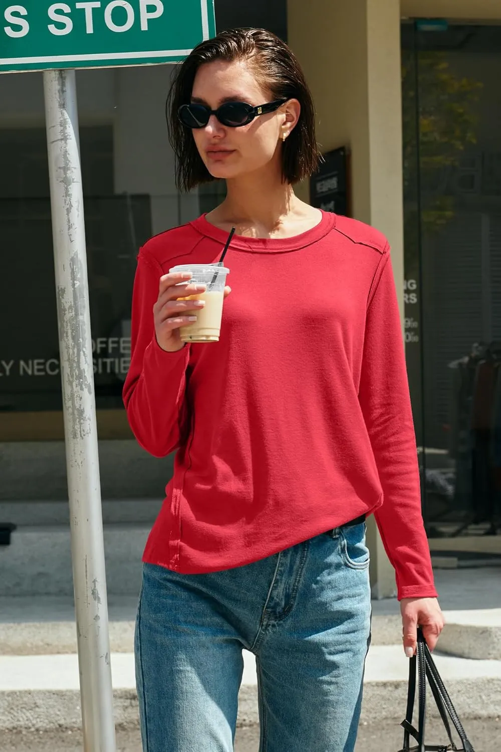 Panadila Womens Long Sleeve Crewneck Shirts Oversized Casual Pullover Tops Loose Fit Layering Top Spring Basic Tee