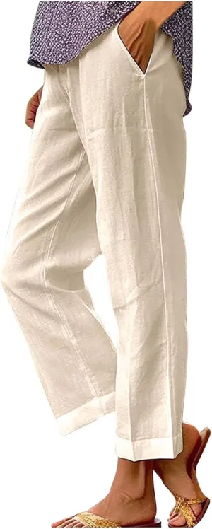 Pants for Women Linen Pants Elastic High Waist Pant Lightweight Straight Leg Pant Casual Summer Comfort Linen Trouser
