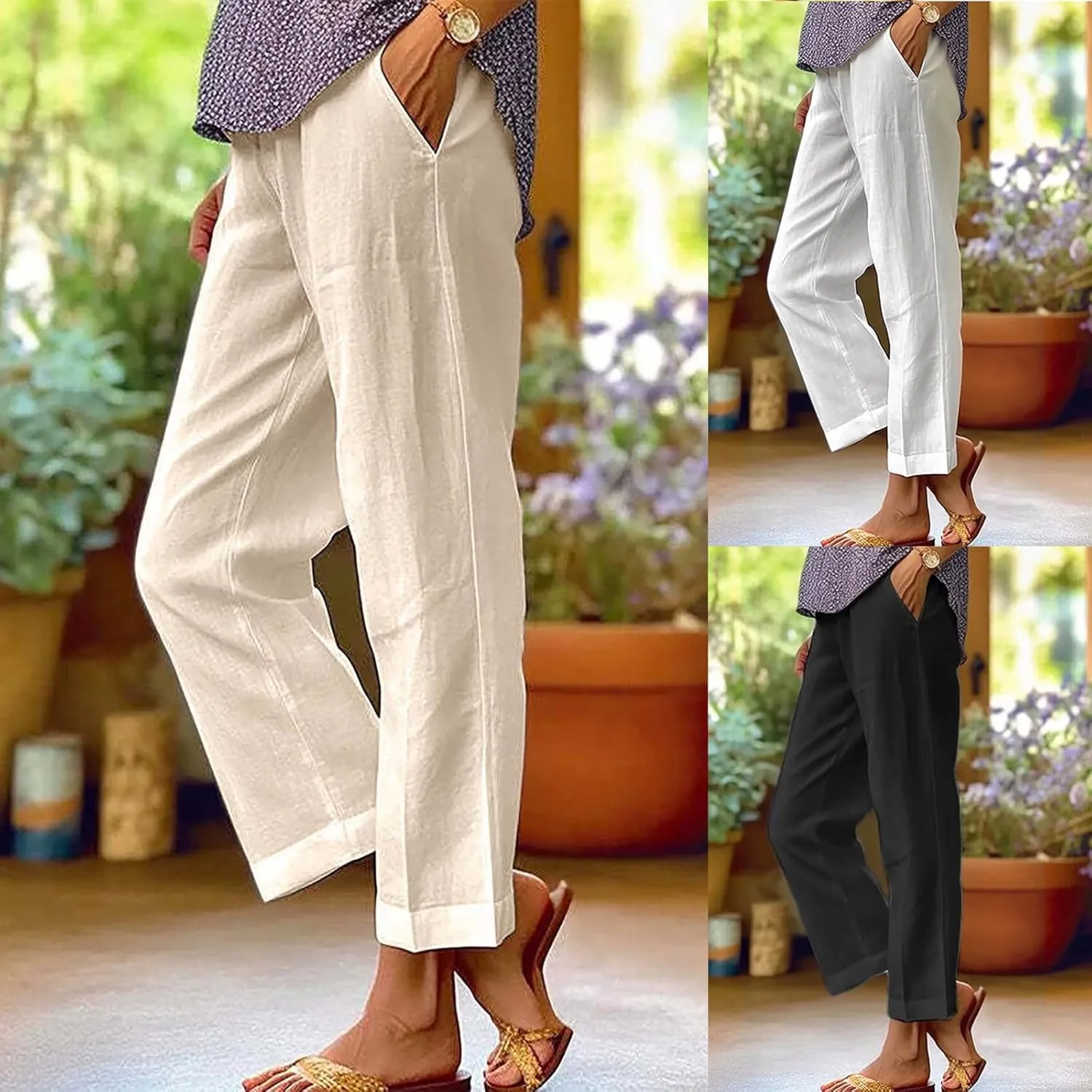 Pants for Women Linen Pants Elastic High Waist Pant Lightweight Straight Leg Pant Casual Summer Comfort Linen Trouser