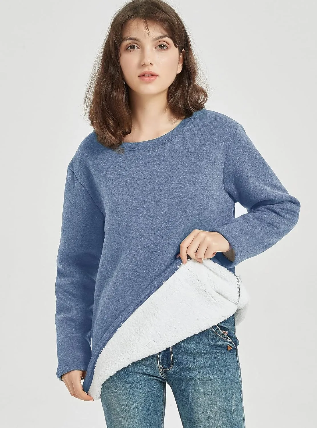 PEHMEA Women's Winter Warm Sherpa Lined Fleece Sweatshirt Crewneck Sport Pullover Loungewear Tops